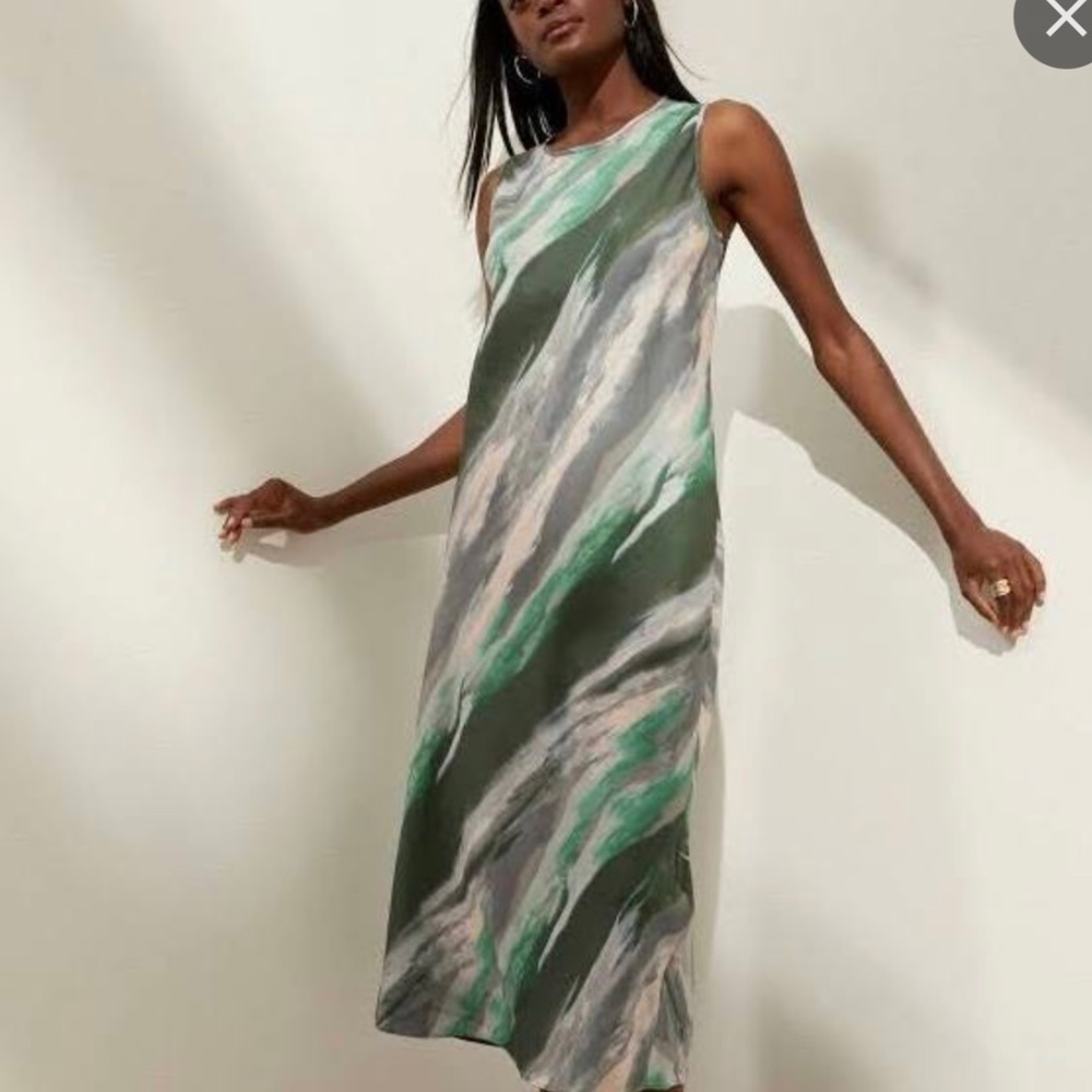 Watercolor green bias cut midi dress, size L